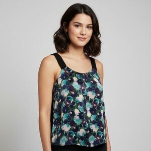 LOFT Ann Taylor green and purple dark floral pleated cami sleeveless top-Medium